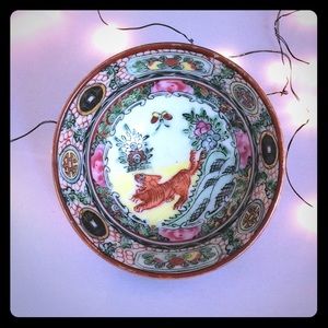 Vintage Macau Tiger & Cypress Hand Painted Bowl
